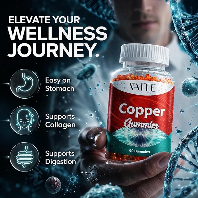 VAITE Copper Supplement Gummies 10 mg Amino Acid Chelate – Trace Mineral that Plays a Role in Collagen Formation Gentle on Stomach Supports Daily Nutrition &amp Balance – Vegan Non-GMO 60 Count