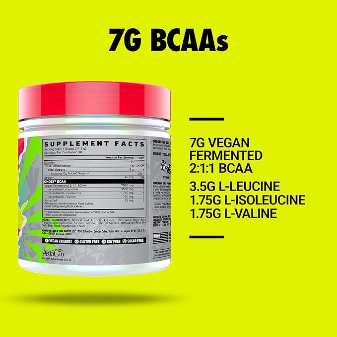 GHOST BCAA Powder Amino Acids Supplement Strawberry Watermelon - 30 Servings - Sugar-Free Intra Post &amp Pre Workout Amino Powder &amp Recovery Drink 7G BCAA