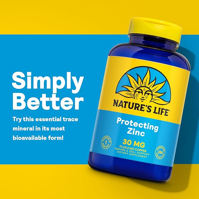 Nature's Life Zinc Picolinate 30mg Plus 2mg of Copper - Chelated Zinc Supplement for Immune Cardiovascular Skin Cellular Function and Muscle Support - 60-Day Guarantee - 250 Servings 250 Capsules