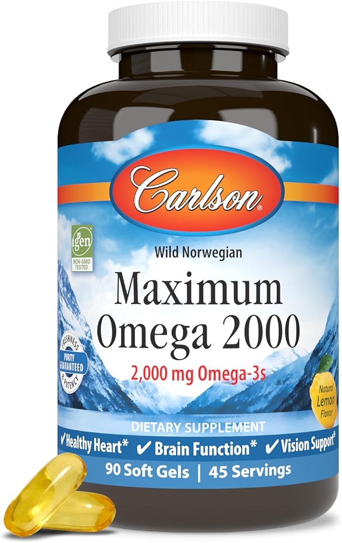 Carlson - Maximum Omega 2000 2000 mg Omega-3s Healthy Heart Brain Function &amp Vision Support Lemon 90 soft gels