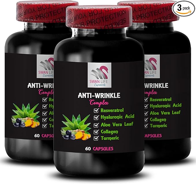 Alpha Lipoic Acid - Anti-Wrinkle Complex - Aloe Vera Green Coffee Bean Collagen Support Lycopene L-Glutathione Grape Seed Hydration Boost Turmeric Smooth Skin Finish 3 Bottles 180 Capsules