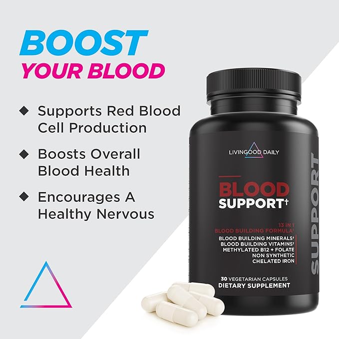 Livingood Daily Iron Supplement for Women &amp Men Blood Support Formula with Chelated Iron Methylated B12 Vitamin C Zinc &amp Folate Vegan Non GMO Gluten Free Allergen Free 30 Capsules