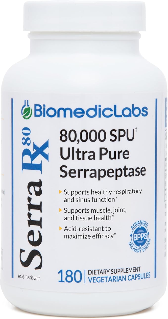 Serra-RX 80000 SU Serrapeptase - Acid-Resstant Proteolytic Systemic Enzyme Non-GMO Gluten Free Vegan Supports Sinus &amp Lung Health 180 Veg Capsules