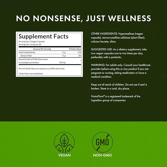 Swanson Prebiotic Fiber Capsules with NutraFlora FOS for Gut-Health-Conscious Adults Seeking Digestive Flora and Immune Support - 750 mg (120 Vegan Capsules 4 Pack)