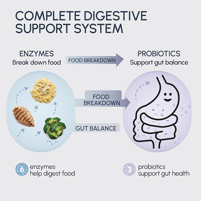 Digestive Enzymes for Bloating &amp Gas – Supports Food Breakdown &amp Nutrient Absorption – 6 Enzymes + 3 Probiotics – Complete GI Health Supplement - RIGHTmyGUT Daily Digestive Support – 60 Vegan