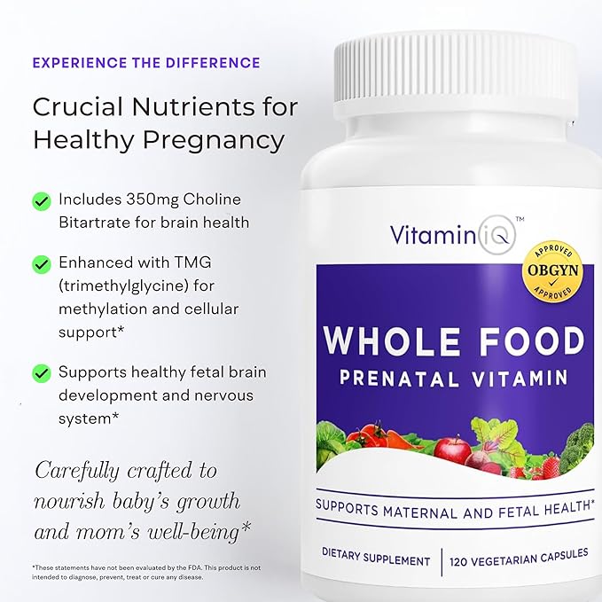 Whole Food Prenatal Vitamins (120 Capsules) Natural Support for Maternal and Fetal Health Prenatal Multivitamin for Women with Choline B Vitamins and More Vegan No Soy Gluten or Dairy