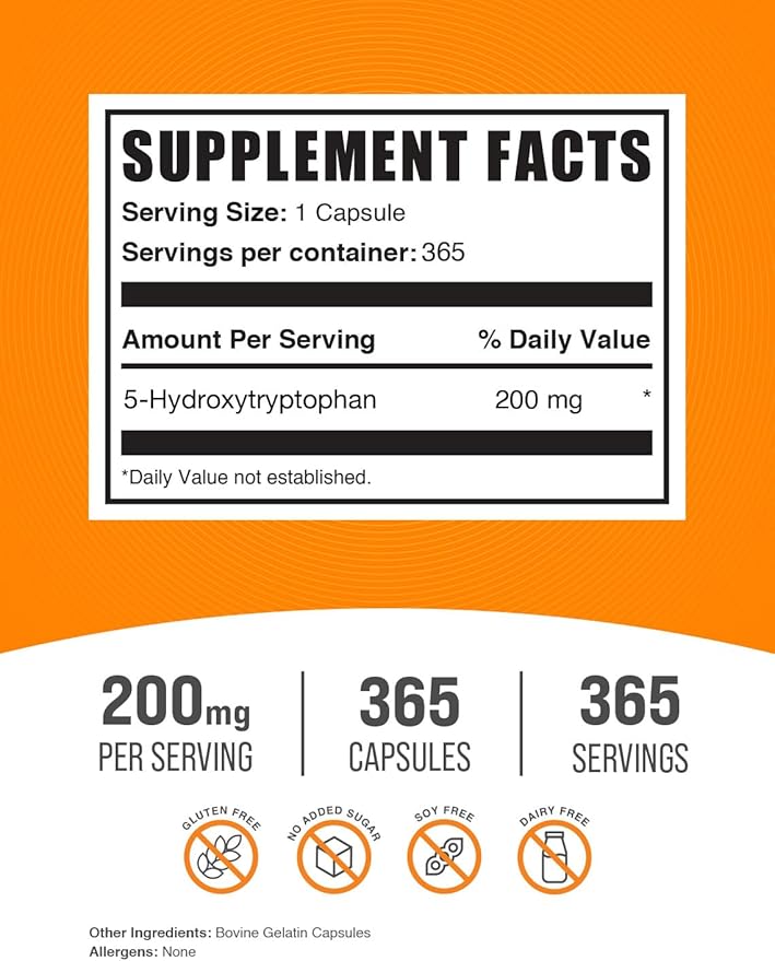 BulkSupplements.com 5-HTP Capsules - 5-Hydroxytryptophan 5-HTP 200mg 5 HTP Supplement - Amino Acid Supplement Gluten Free 1 Capsule per Serving 365 Capsules (Pack of 1)