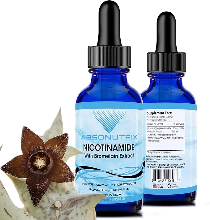 Absonutrix Nicotinamide with Bromelain Extract Advanced Formula 390 mg 4 Oz Liquid 302 Servings Made in USA Quick Absorption Quality Potent Ingredients Non-GMO GMP Certified Facility