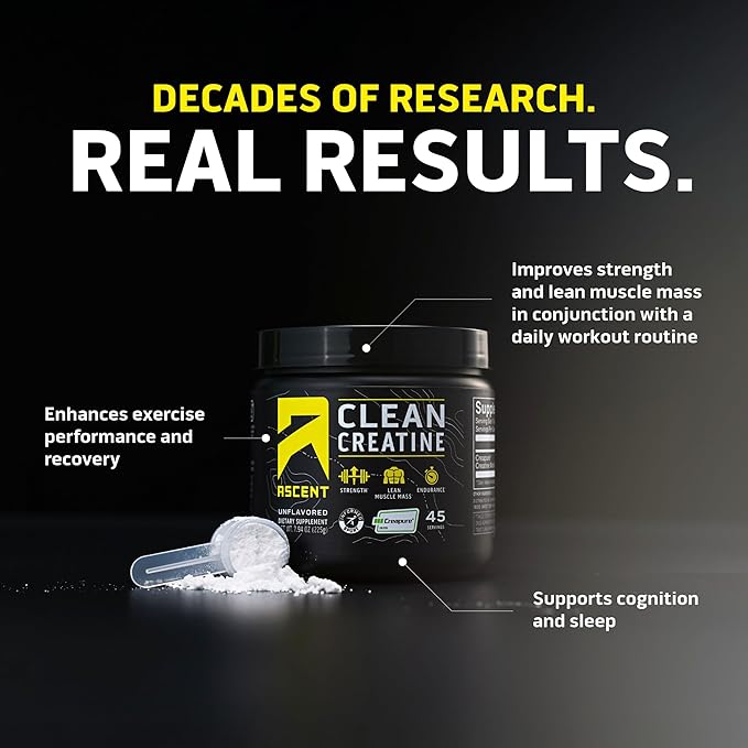 Ascent Clean Creatine Monohydrate Powder - 5G Per Serving Creapure Supplement - Unflavored 45 Servings