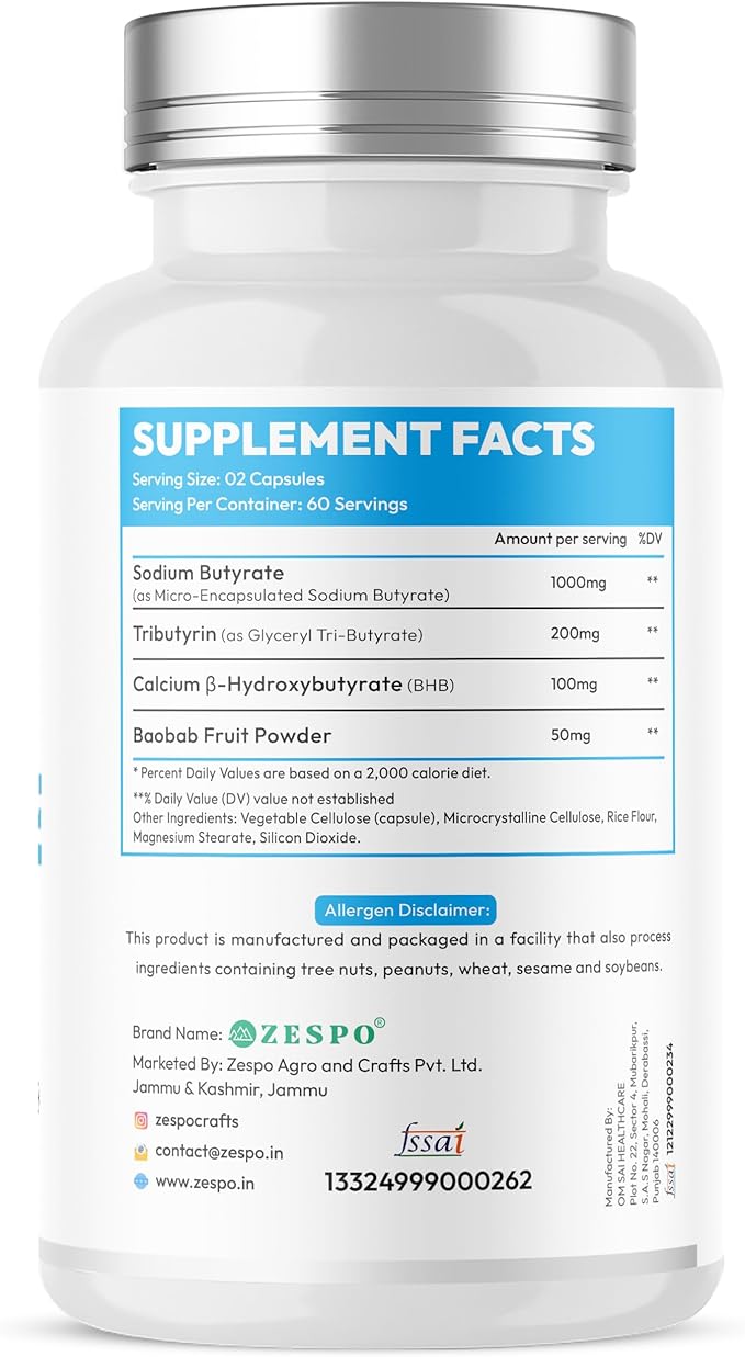 Sodium Butyrate 1000 mg (1350 mg Advanced Complex) – Micro-Encapsulated Butyrate with Tributyrin Calcium BHB &amp Baobab 120 Vegan Capsules (60 Servings)