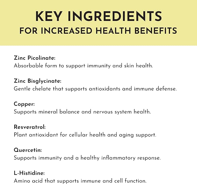Zinc Complex – Highly Absorbable Supplement with Picolinate &amp Bisglycinate Plus Quercetin Resveratrol L-Histidine &amp Copper – Supports Immune Function Skin Energy &amp Cellular Health