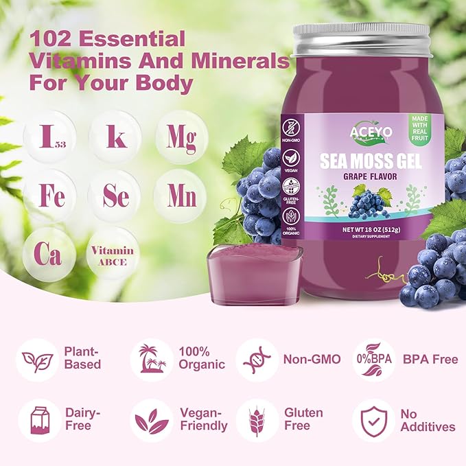 (18 OZ) Irish Sea Moss Gel Organic Raw Vegan Grape Flavor 102 Vitamins and Minerals Wild Harvested Non-GMO Immune Defense Booster Thyroid Digestive Support
