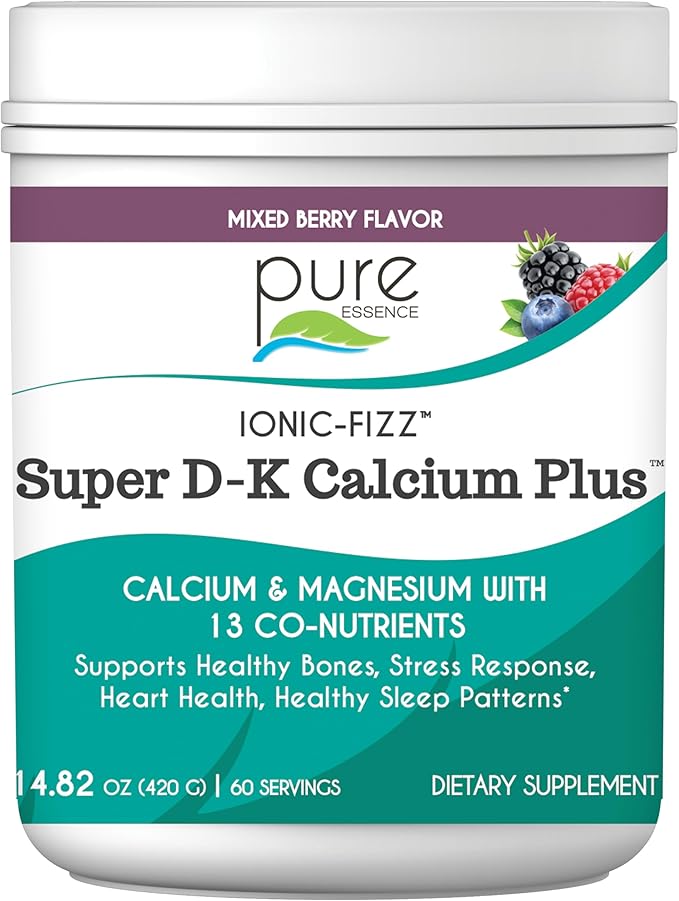 Ionic Fizz Super D-K Calcium Plus by Pure Essence - with Extra Magnesium Vitamin D3 Vitamin K2 for Strong Bones and Stress Support - Mixed Berry - 14.82oz