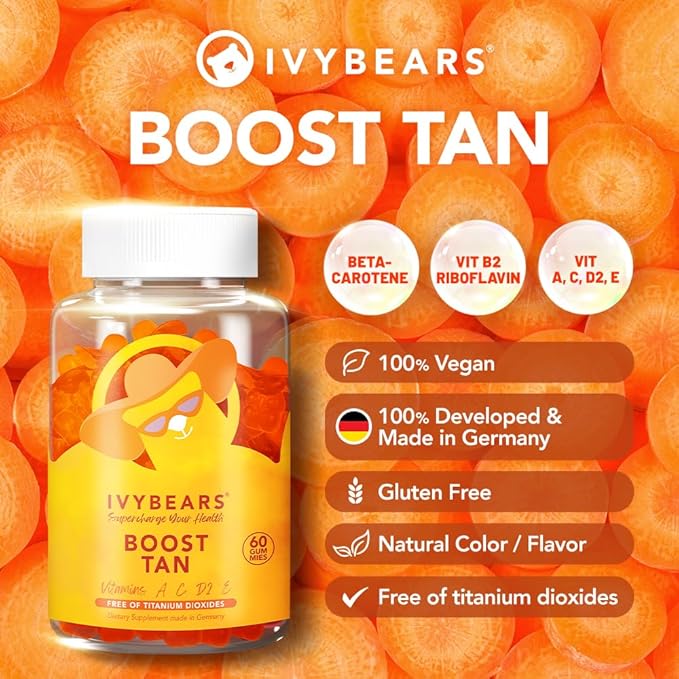IvyBears Glow Tanning Gummies - Beta Carotene Vitamin A C D2 &amp E - [AI Tanning Specialist ADA] Supports Healthy Tan &amp Glow - Vegan &amp Made in Germany - Pack of 60 - Boost Tan