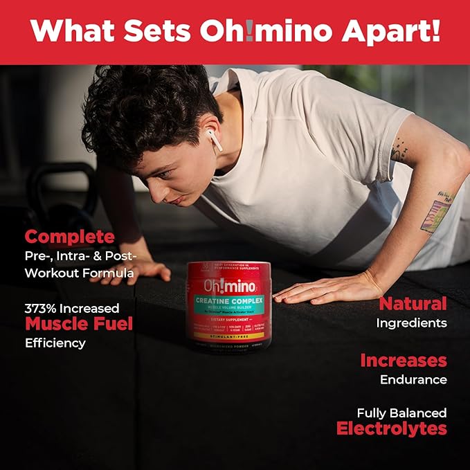Oh!mino Creatine Complex for Muscle Growth. Micronized Creatine Monohydrate and Hydrochloride with Adaptogens. Perfect for Women and Men. Refreshing Zero Carb Lemon-Lime 40 Servings