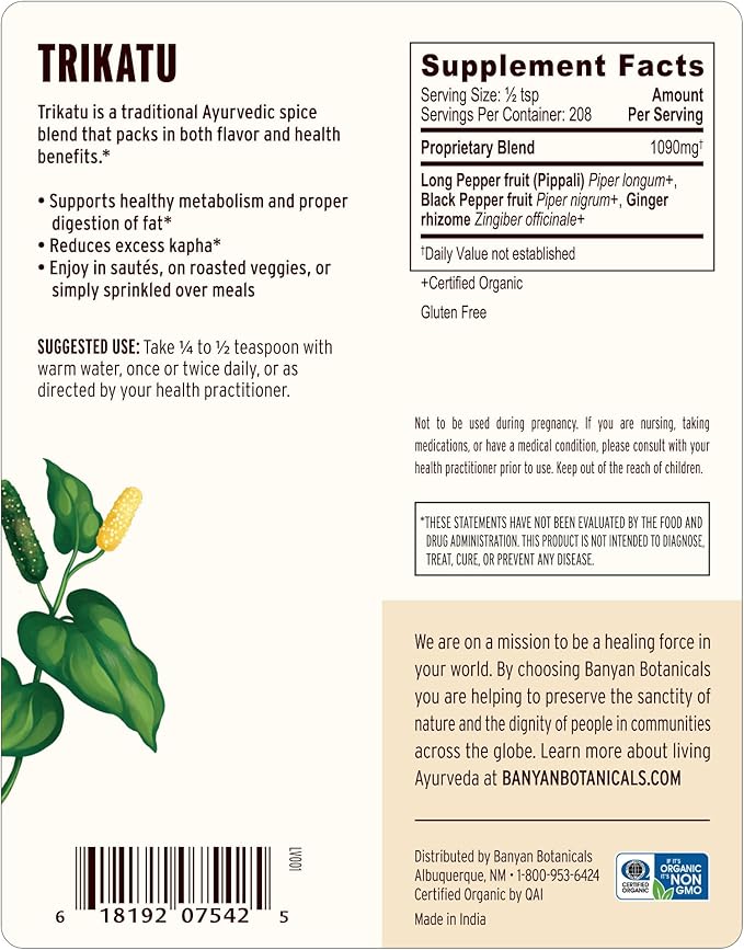 Banyan Botanicals Trikatu Powder - USDA Organic 1/2 Pound - Heating &amp Stimulating - Supports Digestion of Heavy Foods*