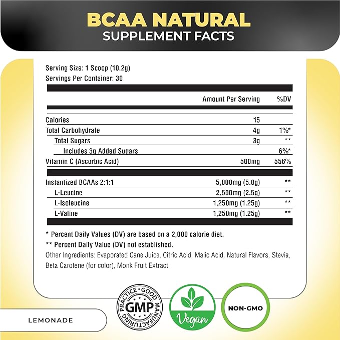 Nutrology BCAA Natural - Plant Based BCAA Powder Lemonade Flavor Optimized 2:1:1 Ratio Amino Acids Powder for Pre Workout &amp Post Workout Recovery Vegan Gluten-Free Non-GMO 30 Servings