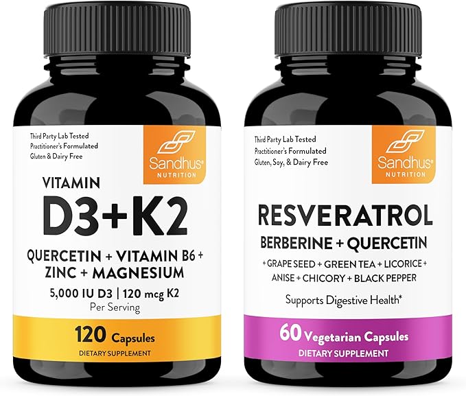 Sandhu's Vitamin D3 K2 with Quercetin &amp Resveratrol Capsules | Supports Immune Digestive Gut &amp Muscle Health