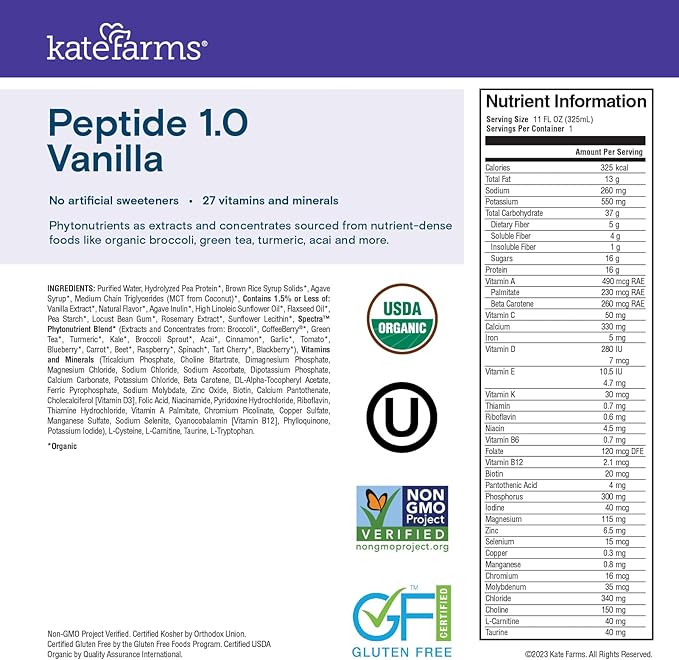 KATE FARMS Organic Adult Peptide 1.0 Formula Vanilla Sole-Source Hydrolyzed Plant-Based Nutrition for Oral or Tube Feeding 11 Fl oz (12 Pack)