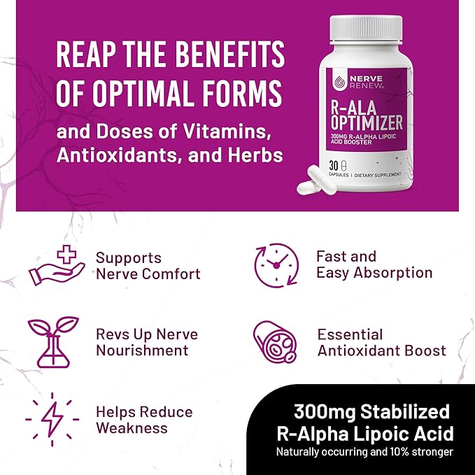 NERVE RENEW Optimizer 3 Pack (90 Capsules) - 300 mg Stabilized R-Alpha Lipoic Acid per Capsule - Nerve Support Supplement - Fast Absorption - Safe and All Natural
