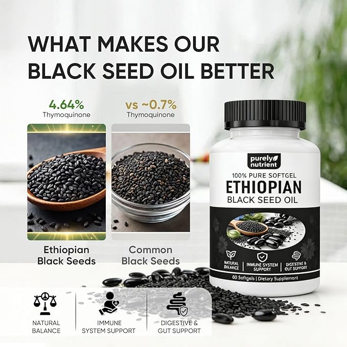 Ethiopian Black Seed Oil Capsules 4.64% Thymoquinone – Purely Nutrient Organic Cold Pressed Black Cumin Seed Oil Softgels Non-GMO Gluten-Free 60 Softgels