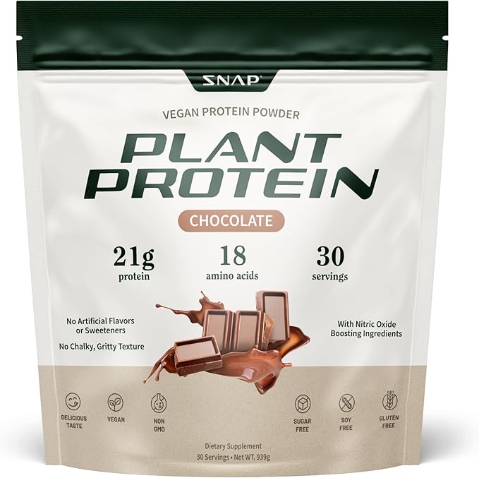 Snap Supplements Organic Plant Based Vegan Protein Powder Nitric Oxide Boosting Protein Powder BCAA Amino Acid for Muscle Growth Performance &amp Recovery - 30 Servings (Chocolate)