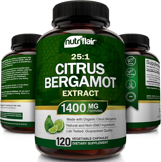 NutriFlair Organic Citrus Bergamot 1400mg 120 Capsules - 25:1 Bergamia - Essential Oil and Citrus Bioflavonoids - Natural Heart Health Supplements for Women and Men - Non-GMO Pills
