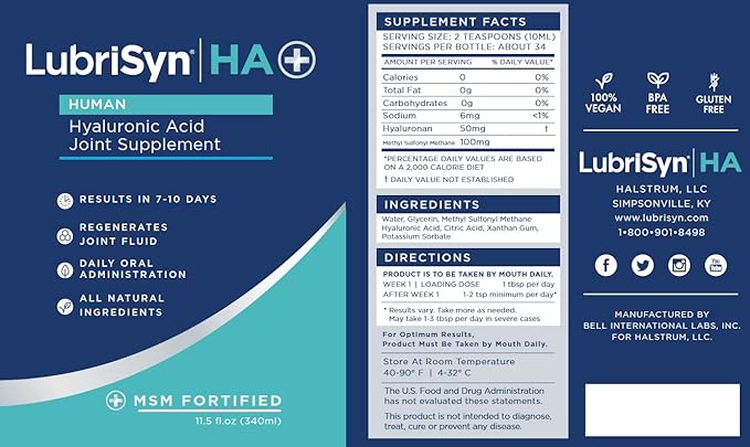 Lubrisyn Hyaluronic Acid Oral Joint Supplement with MSM – Liquid HA Formula for Humans – Promotes Joint Support Mobility Flexibility Hydration &amp Healthy Function for Men &amp Women – 3 x 11.5o