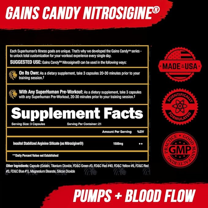 ALPHA LION Gains Candy Supplement Pills for Muscle Pump &amp Blood Flow Nitric Oxide Booster Supports Mental Focus Use Daily to Upgrade Workout Performance 63 Capsules (Nitrosigine)