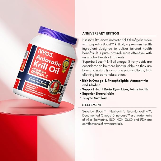 NYO3 Krill Oil Omega 3 Supplement 1000mg 270 Softgels EPA &amp DHA Pure Antarctic Krill Oil with Astaxanthin and 56% Phospholipids Laboratory Tested