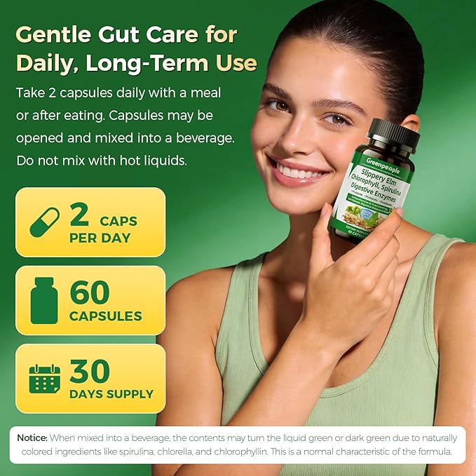 GREENPEOPLE Digestive Enzymes for Women &amp Men-Ultra Gut Health &amp Cleanse With Slippery Elm Chlorophyll Spirulina Probiotics Complex-Complete Gut Supplement for Mood &amp Relaxation Gentle