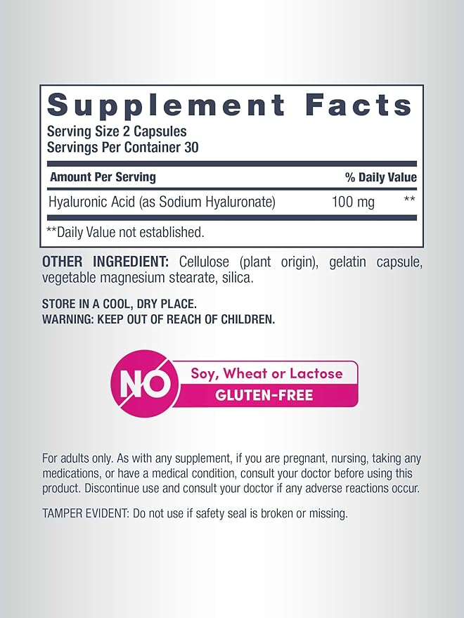 NeoCell Hyaluronic Acid Capsules | 60 Pills | 100mg | Advanced Formula Supplement | Skin Hydration &amp Suppleness