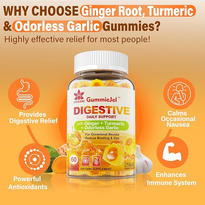 LILICARE Sugar Free Omega 3 Fatty Acid 2000mg With 640mg DHA &amp 290mg EPA Multivitamin CoQ10 Astaxanthin + Ginger Filled Gummies for Nausea - Stomach Relief - Ultra Absorption for Digestive Supp