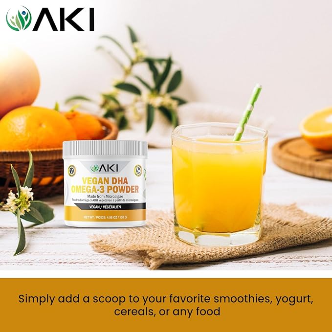 AKI Omega 3 DHA Micro Algae Powder Supplements - Plant Based Keto Vitamin - Alternative to Fish or Krill Oil - Vegan &amp Non-GMO (4.58oz/130g)