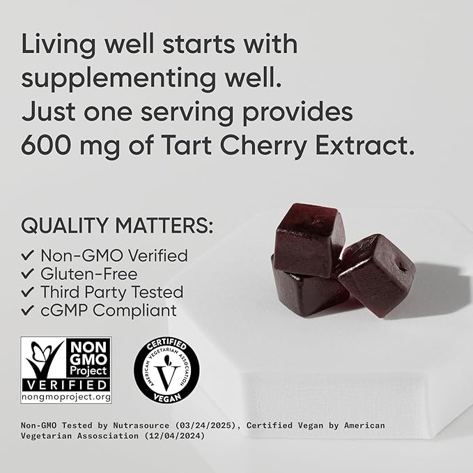 Sports Research® Tart Cherry Gummy Supplements | 600mg of NordicCherry™ | Enhanced Workout Recovery | Sugar and Sugar Alcohol Free - 60 Gummies for Adults 1 Month Supply