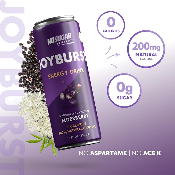 No Sugar Joyburst Energy Drink Elderberry 0 Calorie 0 Sugar Sugar Free Energy Drink with Natural Caffeine Hint of Sweetness and Refreshing Sparkling Water - 12 Packs