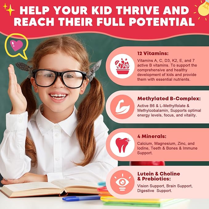 (2 Pack) Sugar Free Calcium Multivitamin Gummies for Kids with Methyl B12 &amp Methylfolate Calcium Vitamins C D A B1 B2 B6 Biotin Magnesium - Nutritional Immune Bone Support 120 Ct