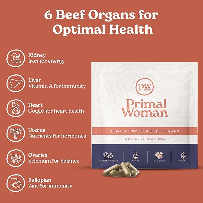 Beef Organ Supplement for Women - Heart Liver for Women Grass Fed Pasture Raised Liver | Primal Beef Organ Capsules Woman (60 Capsules)