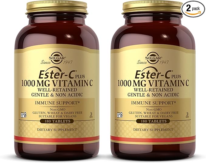 Solgar Ester-C Plus 1000 mg Vitamin C (Ascorbate Complex) - 180 Tablets Pack of 2 - Gentle &amp Non Acidic - Supports Upper Respiratory Health - Non-GMO Gluten Free - 360 Total Servings