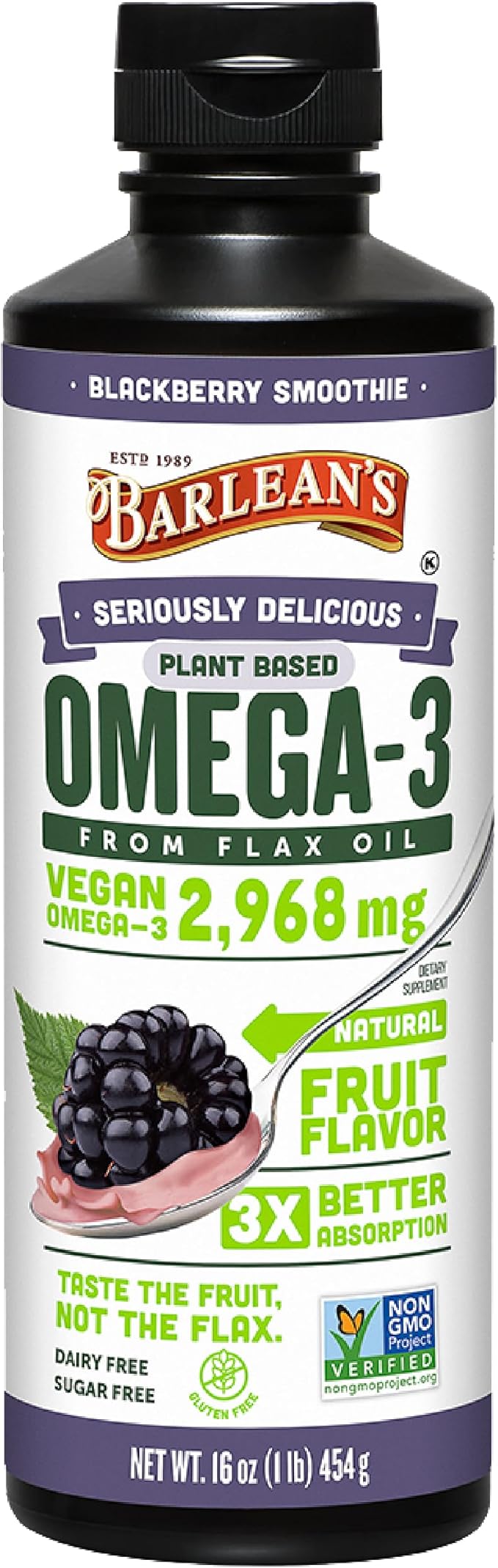 Barlean's Vegan Omega 3 6 9 Flaxseed Oil Liquid Supplement BlackBerry Smoothie Flax Seed Oil 2968 mg ALA Fatty Acid Non-GMO and Gluten Free 16 oz