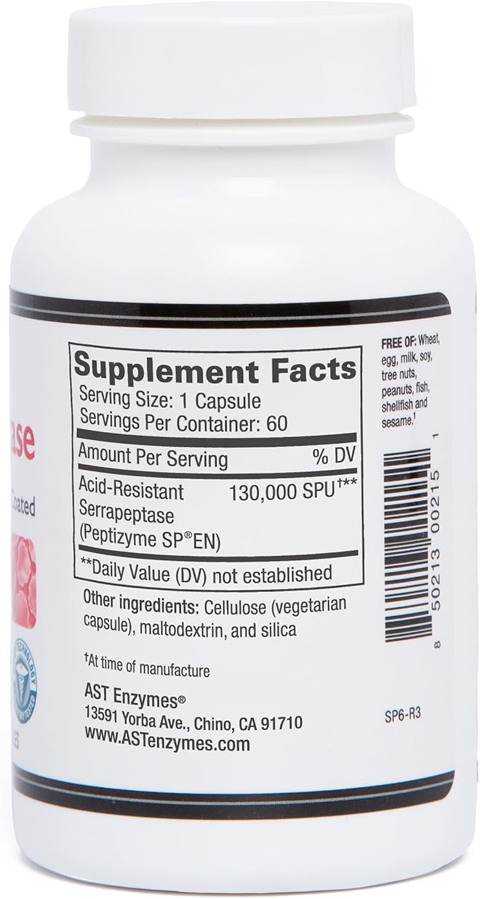 AST Enzymes Serrapeptase 130000 SPU – 60 Vegetarian Capsules – Premium Natural Systemic Enzymes –Acid-Resistant Serrapeptase