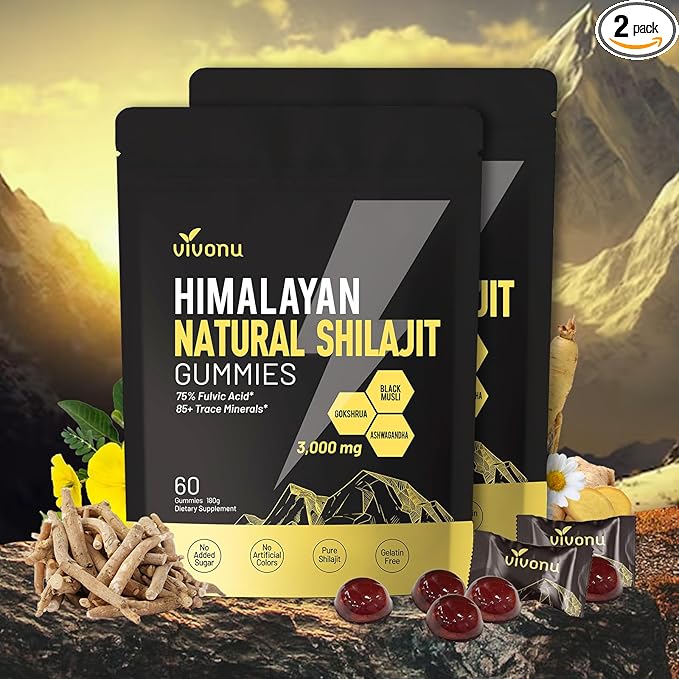 Shilajit Gummies with Ashwagandha | 85+ Minerals &amp Fulvic Acid | Organic Energy &amp Stamina Supplement | All-in-One Support for Strength Mood* &amp Metabolism*