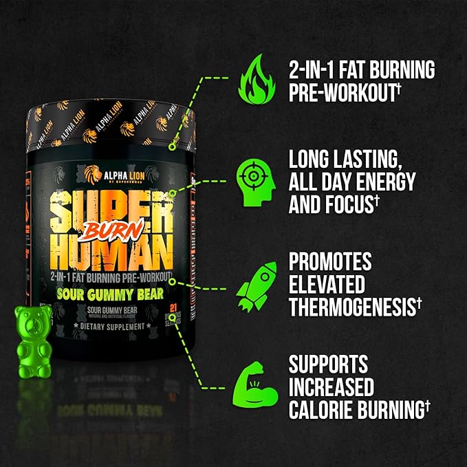 ALPHA LION Superhuman Burn 2 in 1 Metabolism Booster Pre Workout and Men's Thermogenic Fat Burner Sour Gummy Bear (Hulk Juice) Package Varies