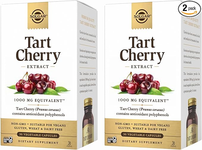 Solgar Tart Cherry 1000 mg 90 Vegetable Capsules (Pack of 2) - Antioxidant with Quercetin Chlorogenic Acid &amp Anthocyanins Compounds - Non-GMO Vegan Gluten Free Dairy Free - 180 Total Servings
