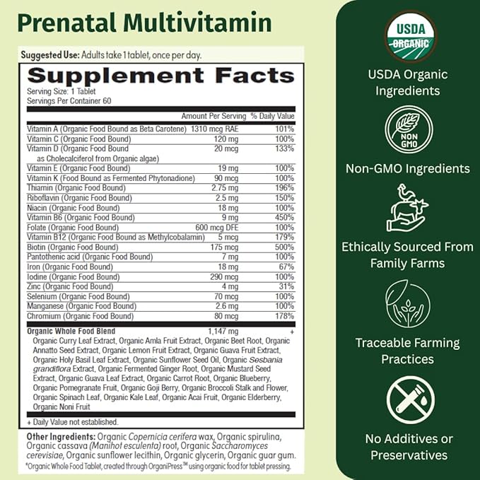 Prenatal Once Daily Multivitamin for Women for Conception Pregnancy Postpartum &amp Breastfeeding Folate Iron &amp Organic Whole Food Blend Vegan 30 Count