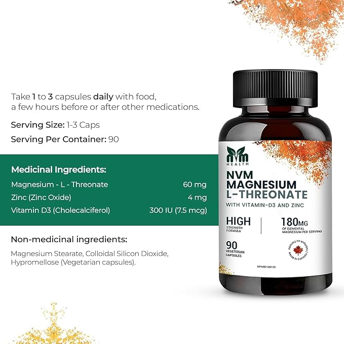Magnesium l-threonate with Vitamin D3 and Zinc for Sleep Support Muscle Functions Electrolyte Balance and Immune Support I Gluten Free Non- GMO 90 Vegetarian Capsules