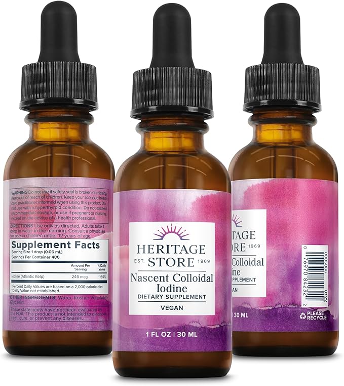 Heritage Store Nascent Colloidal Iodine Drops 246mcg Liquid Supplement with Nascent Iodine from Atlantic Kelp Bioavailable Vegan Approx. 480 Servings 1oz