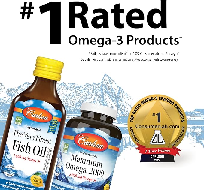Carlson - Cod Liver Oil 1100 mg Omega-3s Liquid Fish Oil Supplement Wild-Caught Norwegian Arctic Sustainably Sourced Nordic Liquid Lemon 250 ml