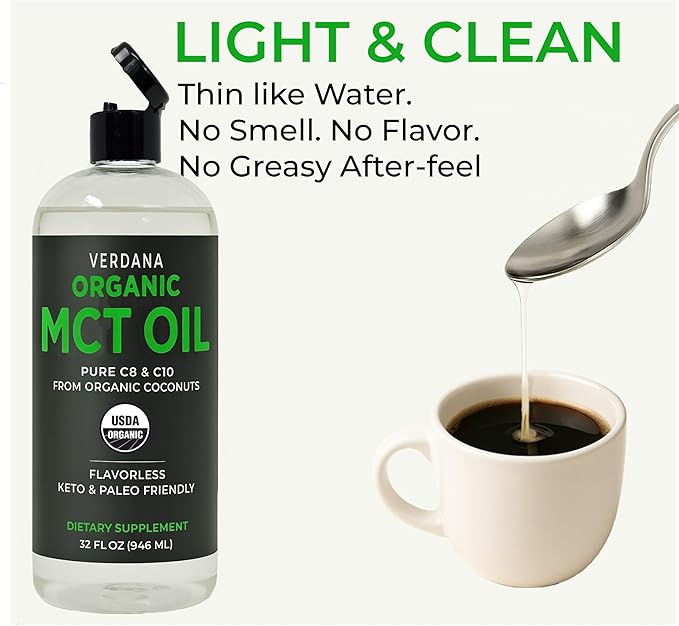 Verdana Organic MCT Oil 32 fl oz – Pure C8 &amp C10 from Organic Coconuts Flavorless MCT Oil for Coffee &amp Smoothies Keto &amp Paleo Friendly Non-GMO Kosher Dietary Supplement