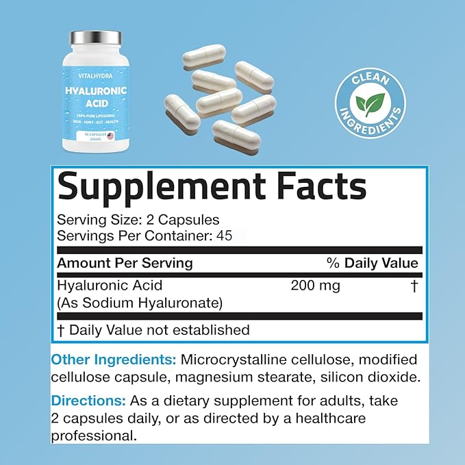 Hyaluronic Acid Hyaluronic Acid Joint Supplements Capsules Non-GMO and Gluten Free 90 Capsules 200mg (2 PCS)